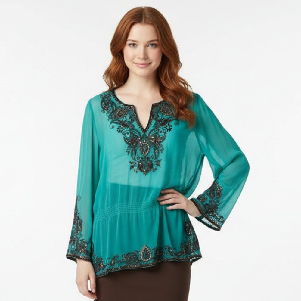 Cache 100% Silk Blue & Brown Vintage Sheer Embellished Embroidered Peasant Top S